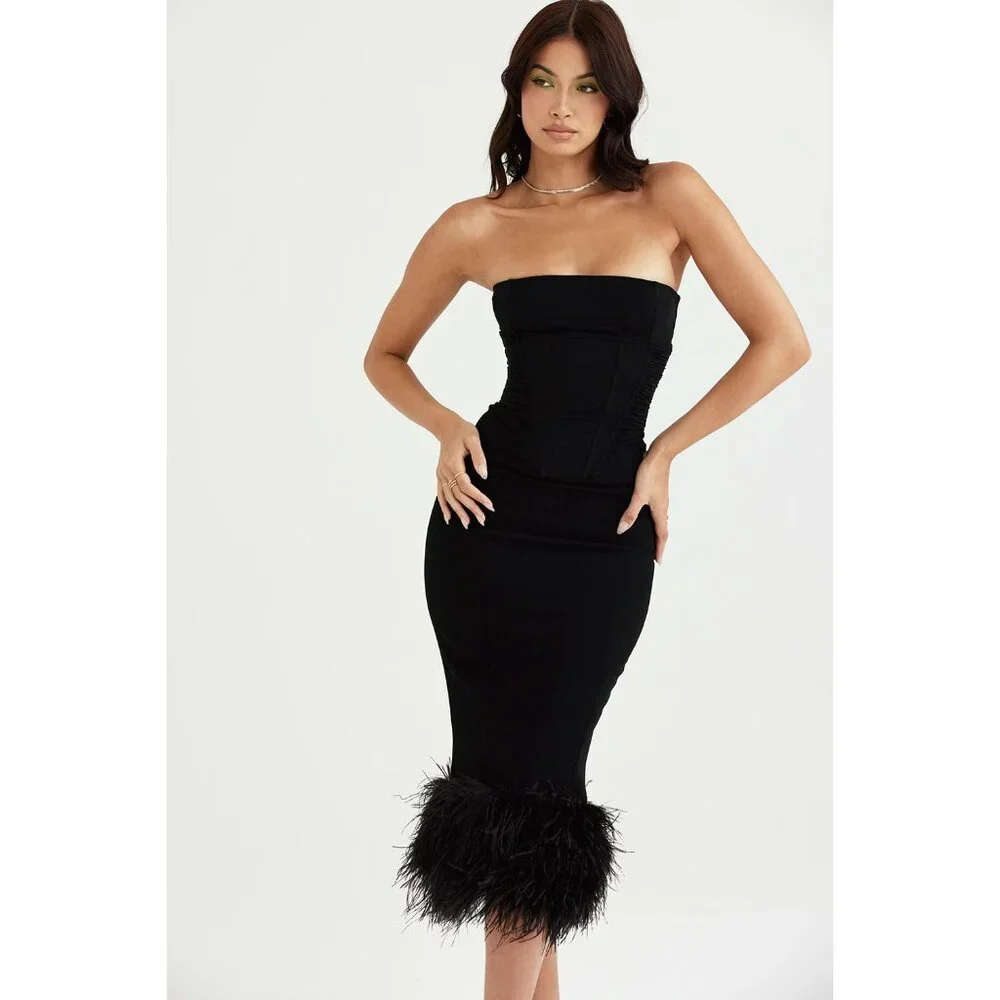 House of CB Black Feather Trim Midi Dress - Picture 1 of 13